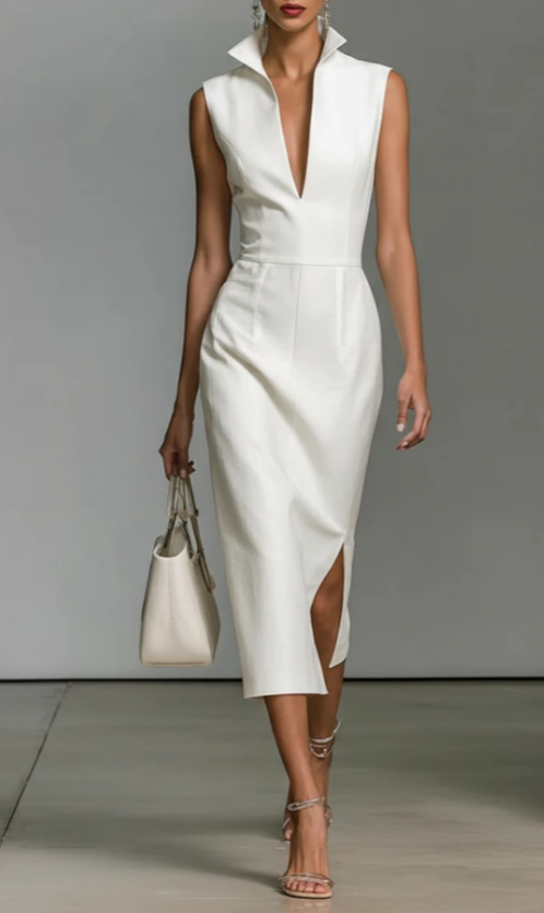 Collared V-Neck Sleeveless Slit Midi Dress