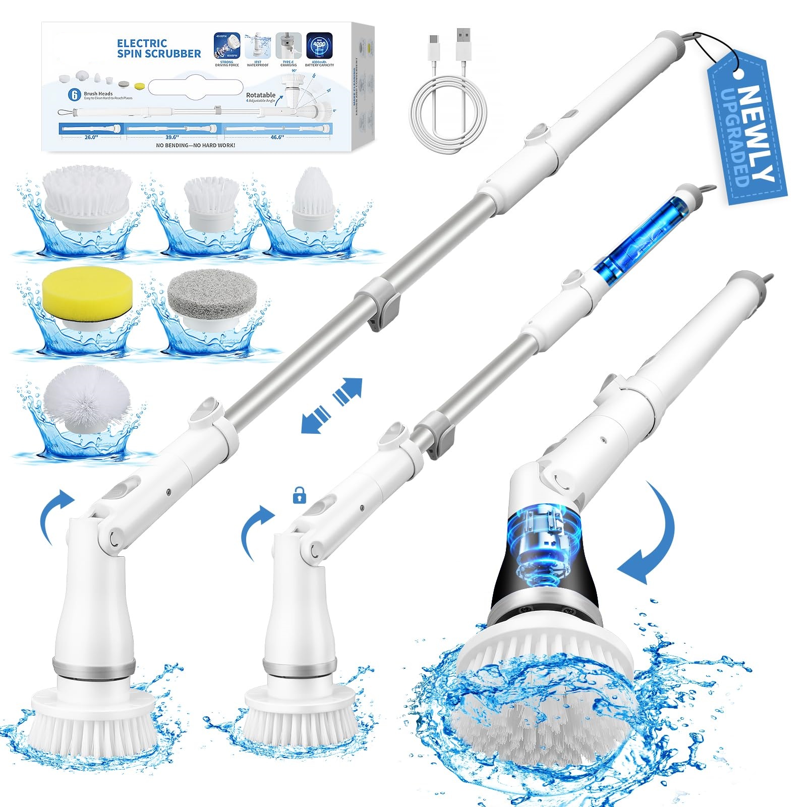 Electric Spin Scrubber with 5 Replacement Heads. BUQ spin scrubber provides 350r/min(daily cleaning) and 400r/min(deep cleaning); easy speed adjustment with a single button press. IPX6 waterproof rating ensures the electric cleaning brush can be rinsed di