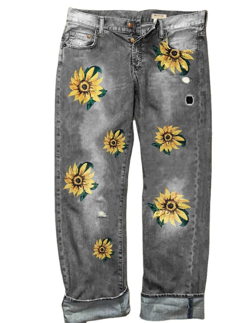 Sunflower Fashion Print Wide-leg Denim Trousers