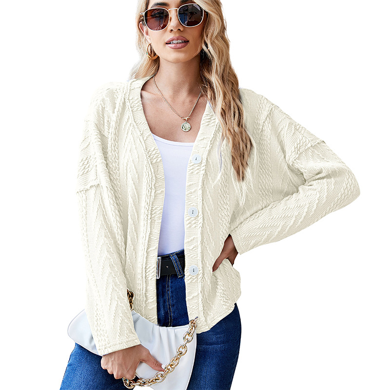 Ladies Sweet Jacquard Fabric V Neck Long Sleeve Short Sweater Jacket