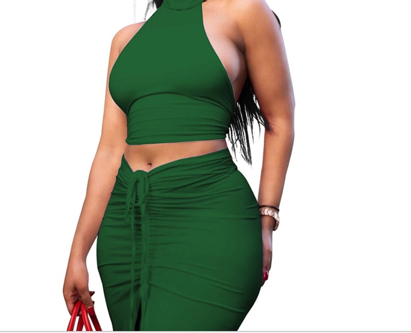 Hollow New Lace-up Solid Color Round Neck Cropped Halter Top With Drawstring Half Skirt Suit