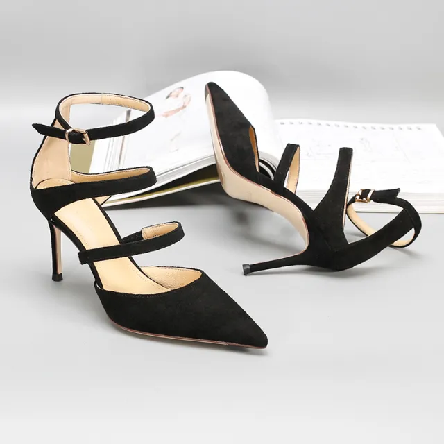 Women's Suede Wrap Toe Pointed Button High Heels Black - Shop at LoveMi