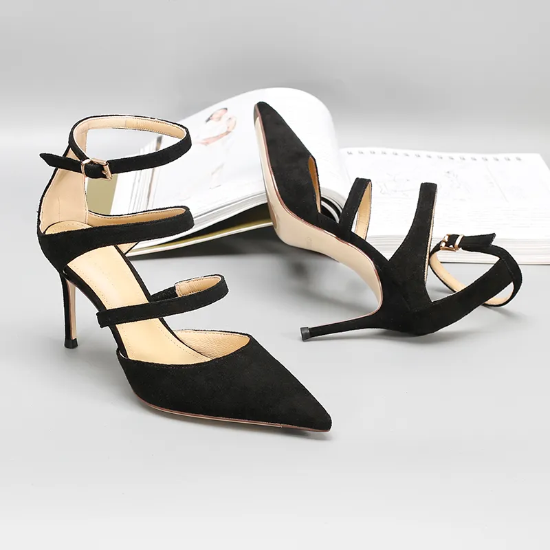 Women's Suede Wrap Toe Pointed Button High Heels - Black