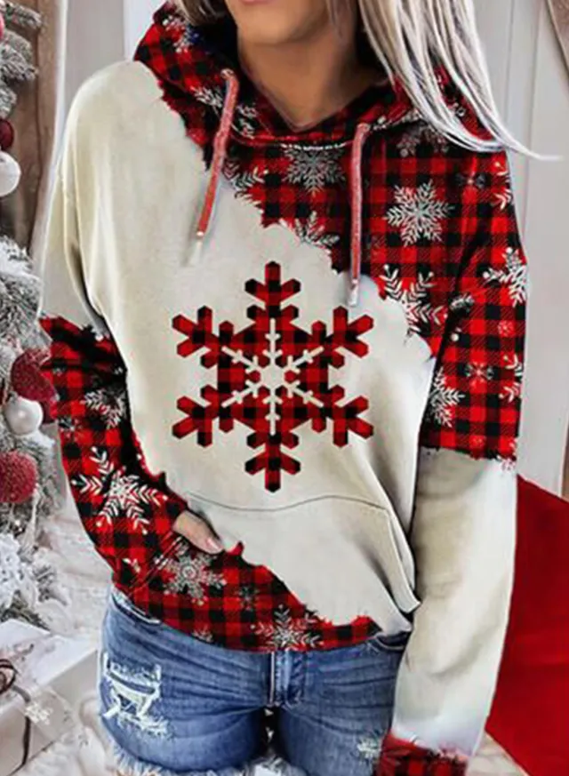 Christmas Print Contrast Sweater Hoodie Snowflake L - Shop at LoveMi