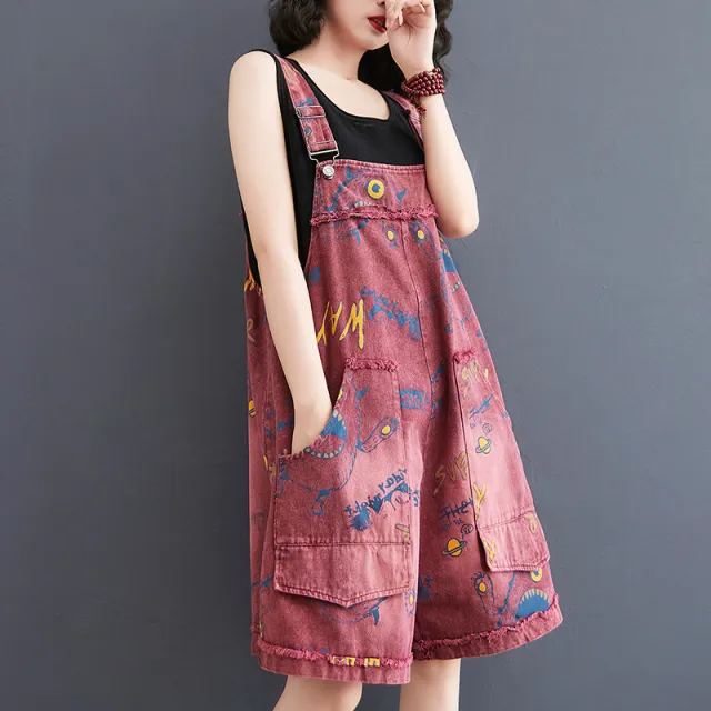 Retro Fashion Print Loose Denim Strap Shorts For Women Red - Shop at LoveMi