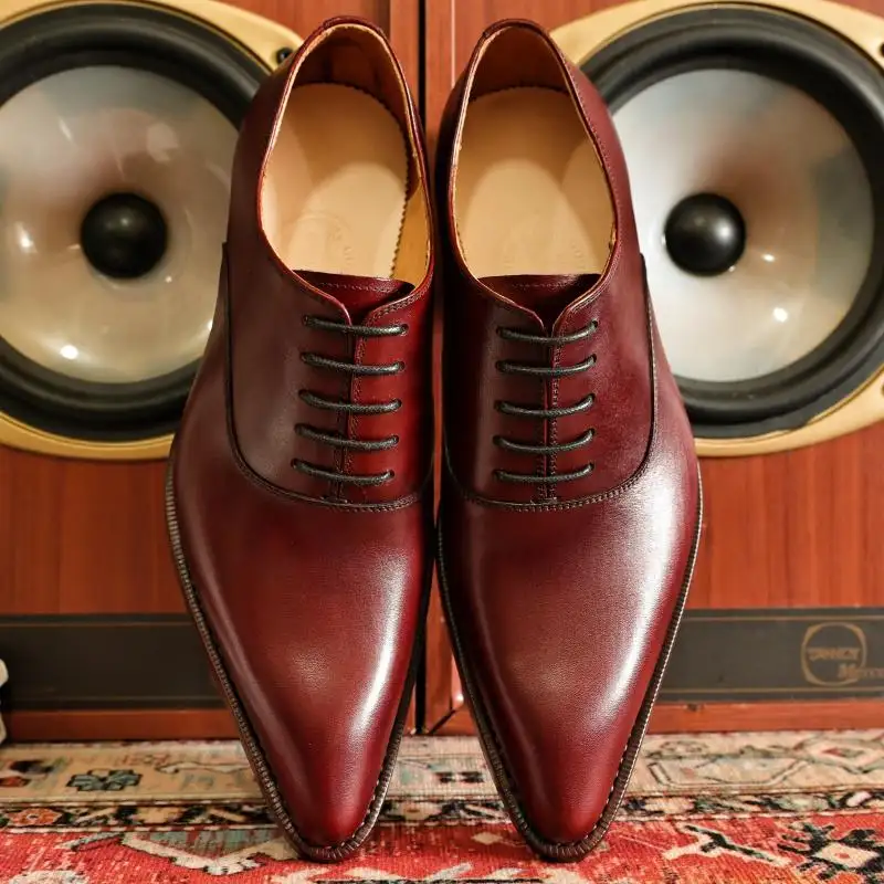 Goodyear Handmade Shoes Super Pointed Toe Wine Red Personality