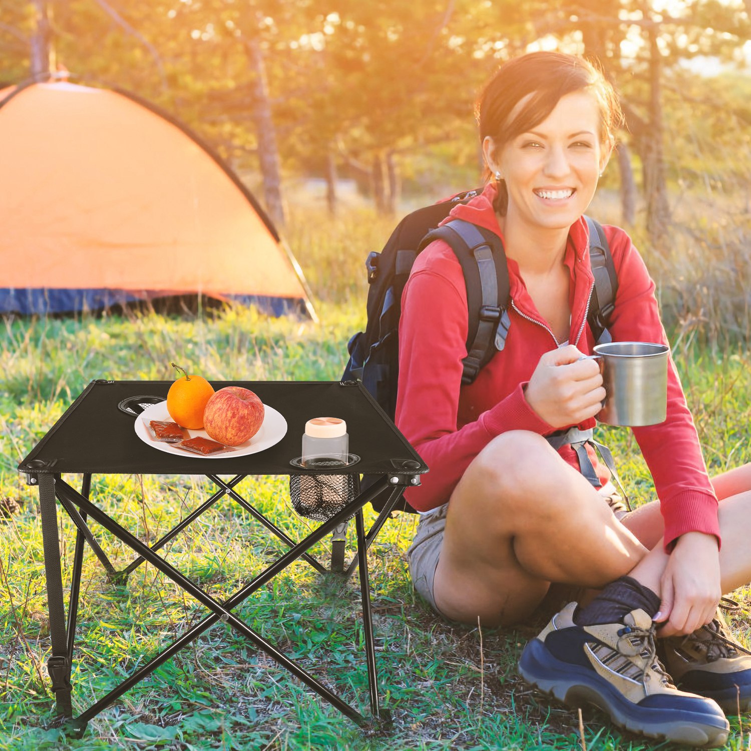 1Pc 2Pc Options Foldable Camping Table Portable Picnic Table Lightweight Travel Desk With 2 Cup Holders Carrying Bag Color Options Black Orange Green Red Blue Navy Blue image 12