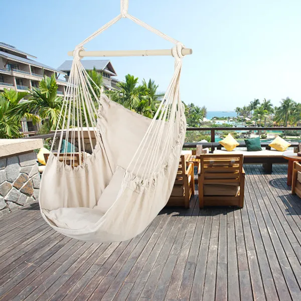 Beige Pillow Hanging Chair Polyester Cotton Belt 2pcs Pillow