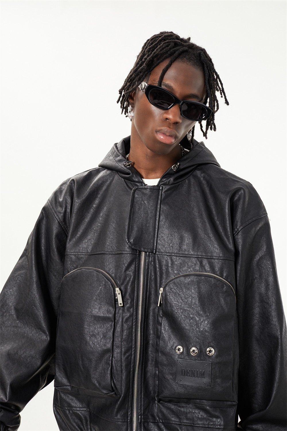 Dark Motorcycle Style Hooded Leather Jacket Men