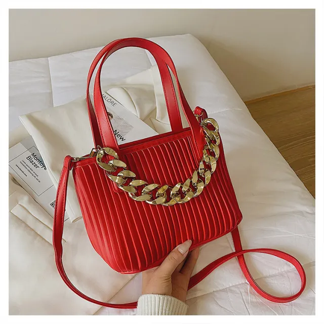Pleated Handbag Chain Embellished One Shoulder Span Red - Shop at LoveMi