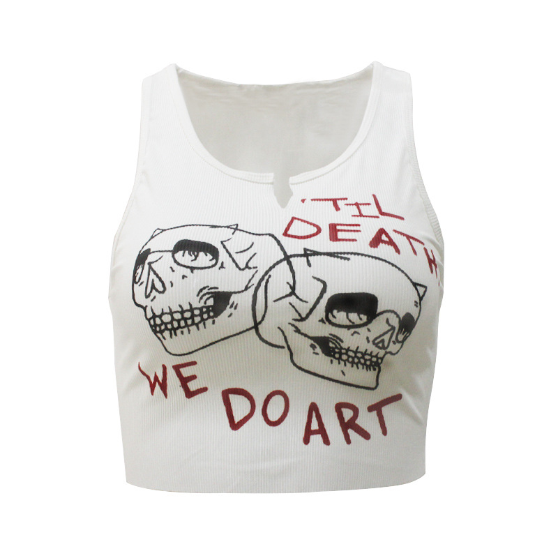 Letter Skull Print White Short V-neck Thin I-shaped Vest Top
