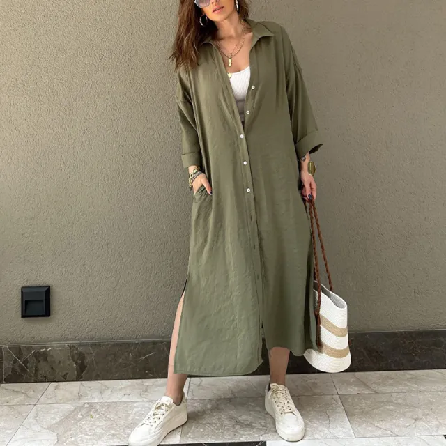 Long Shirt Style Dress With Loose Fit Khaki - Shop at LoveMi