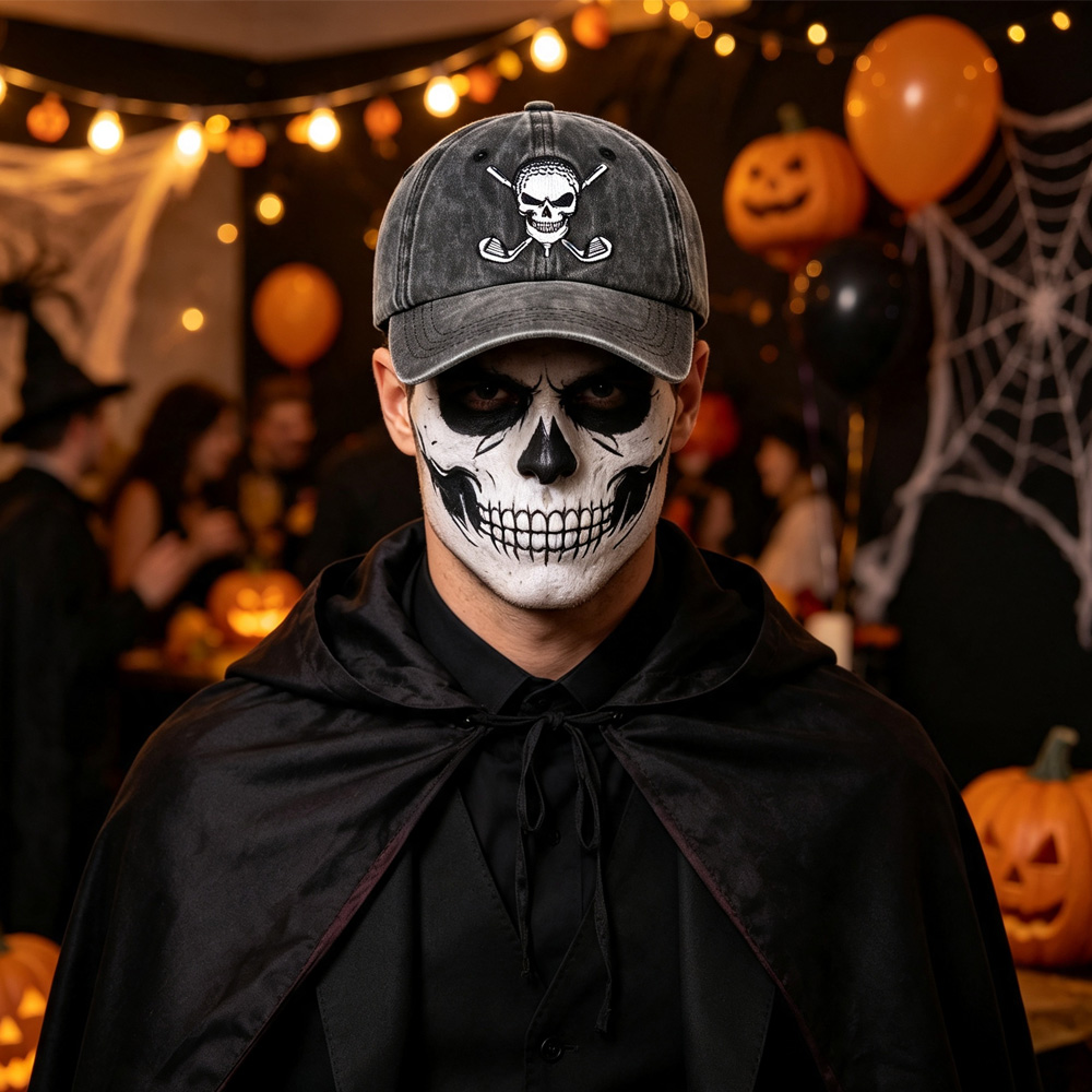 Halloween Golf Skull embroidered baseball cap – vintage washed distressed hat front view