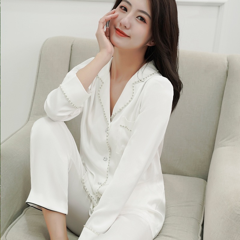 Silk Satin Pearl With Diamonds And Rhinestones Home Service Two-piece Pajamas Women