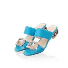 One-line Slippers Low-heeled Square Heel, Rhinestone Half-drag Women's Shoes - Blue - View 1
