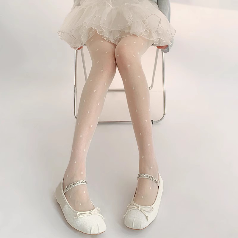 Small Heart Polka Dot Jacquard Stockings, Summer Thin Style, Pure & Seductive Lolita White & Black Sheer Pantyhose, Anti-Run Tights