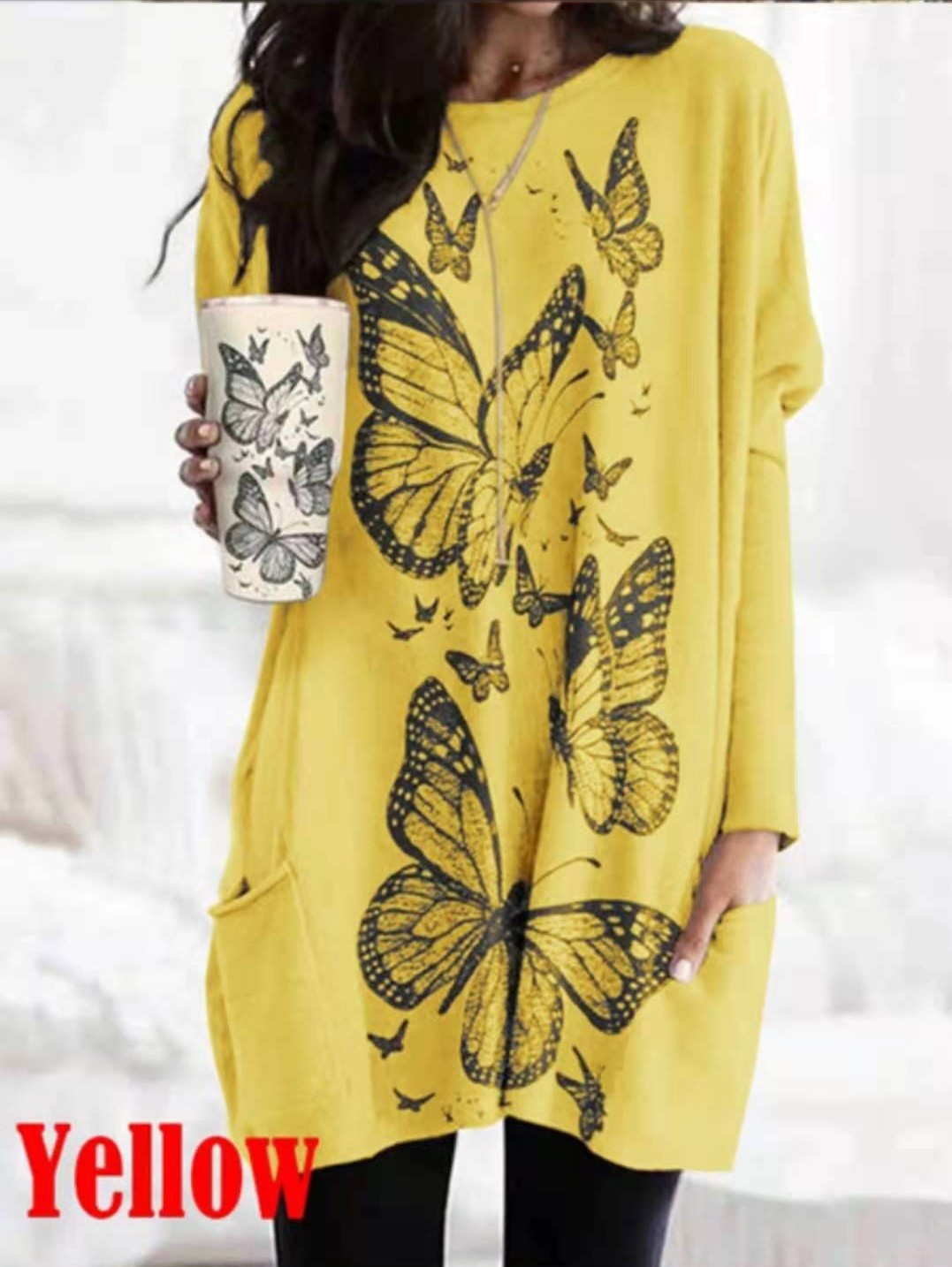 Title 5, Pure Color Butterfly Print Round Neck Dress