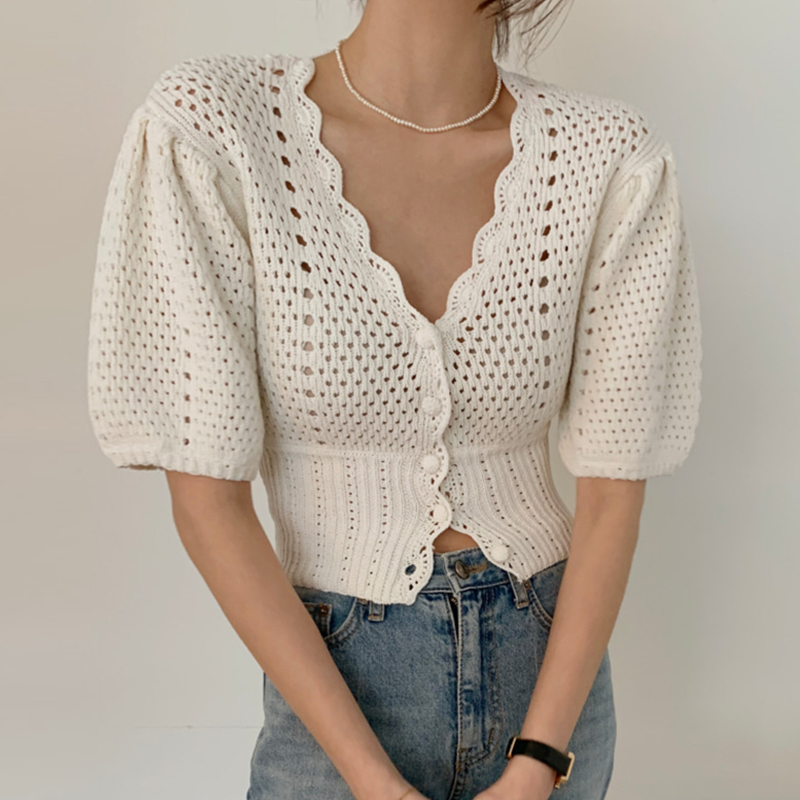 Western Style Hollow Chain Link Flower Gentle Short Knit Sweater