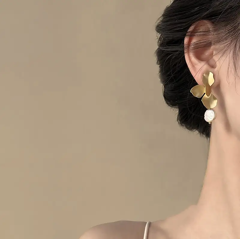 French Vintage Metal Petal Pearl Earrings