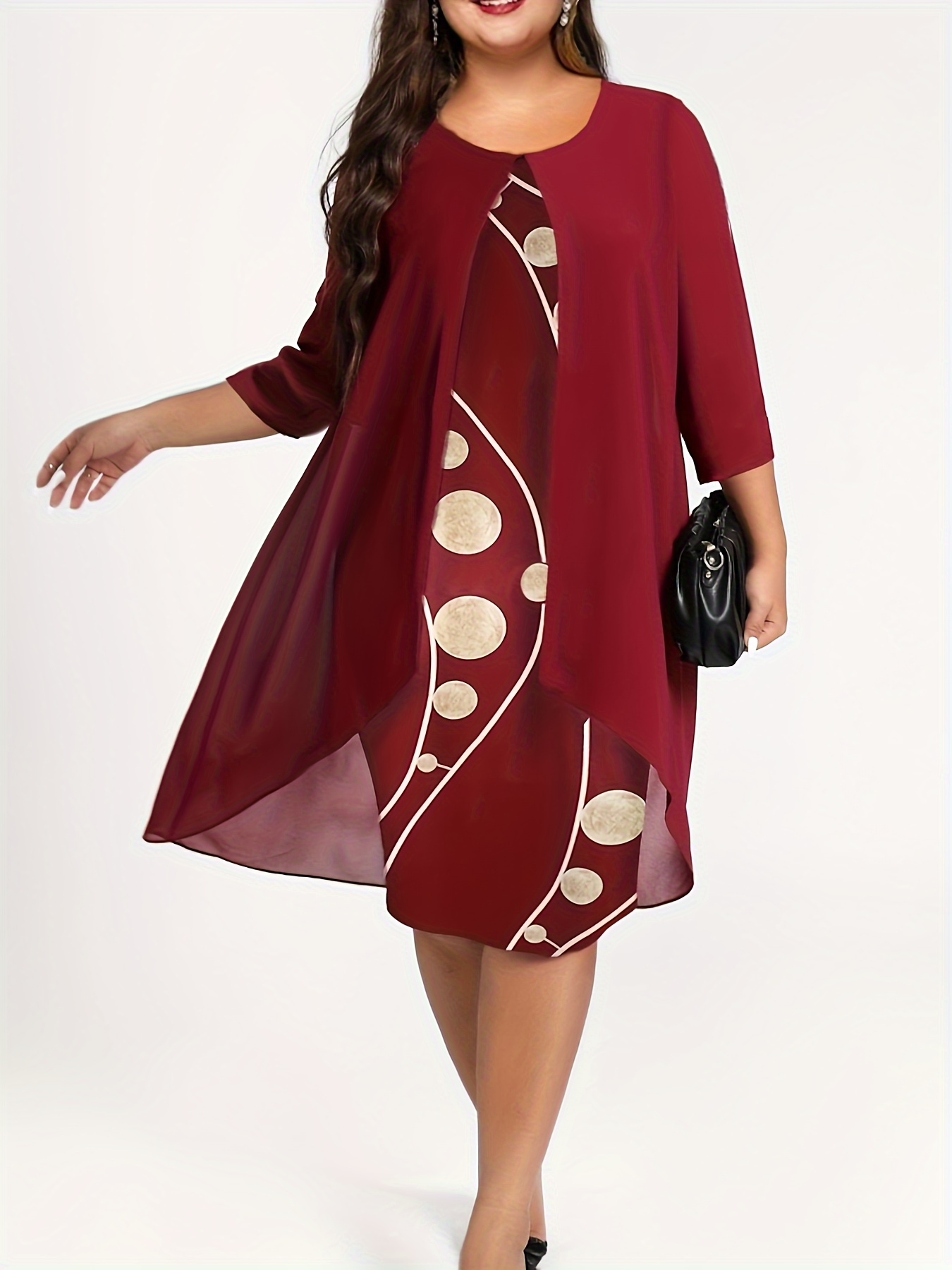 Women Knit 2 Piece Outfit Set Open Front Cardigan And Geometric Print Dress