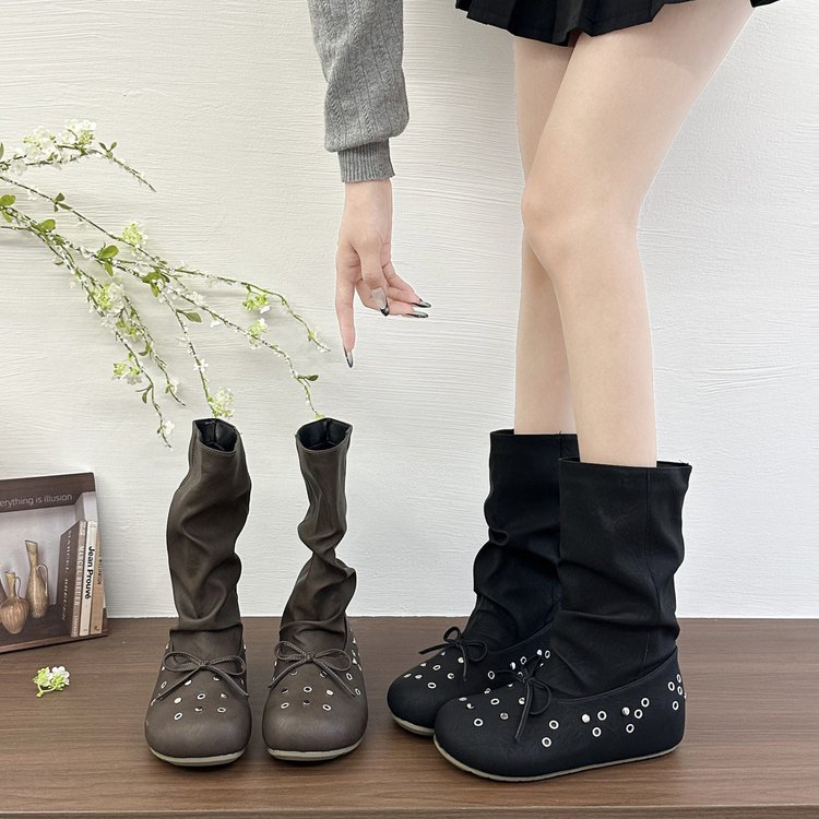 Women Ruched Slouch Mid Calf Flat Boots Round Toe Metal Eyelet Front Bow Tie Decor Soft Faux Leather Pull On Ballet Core Vintage Y2K Fall Winter Daily Casual Booties
