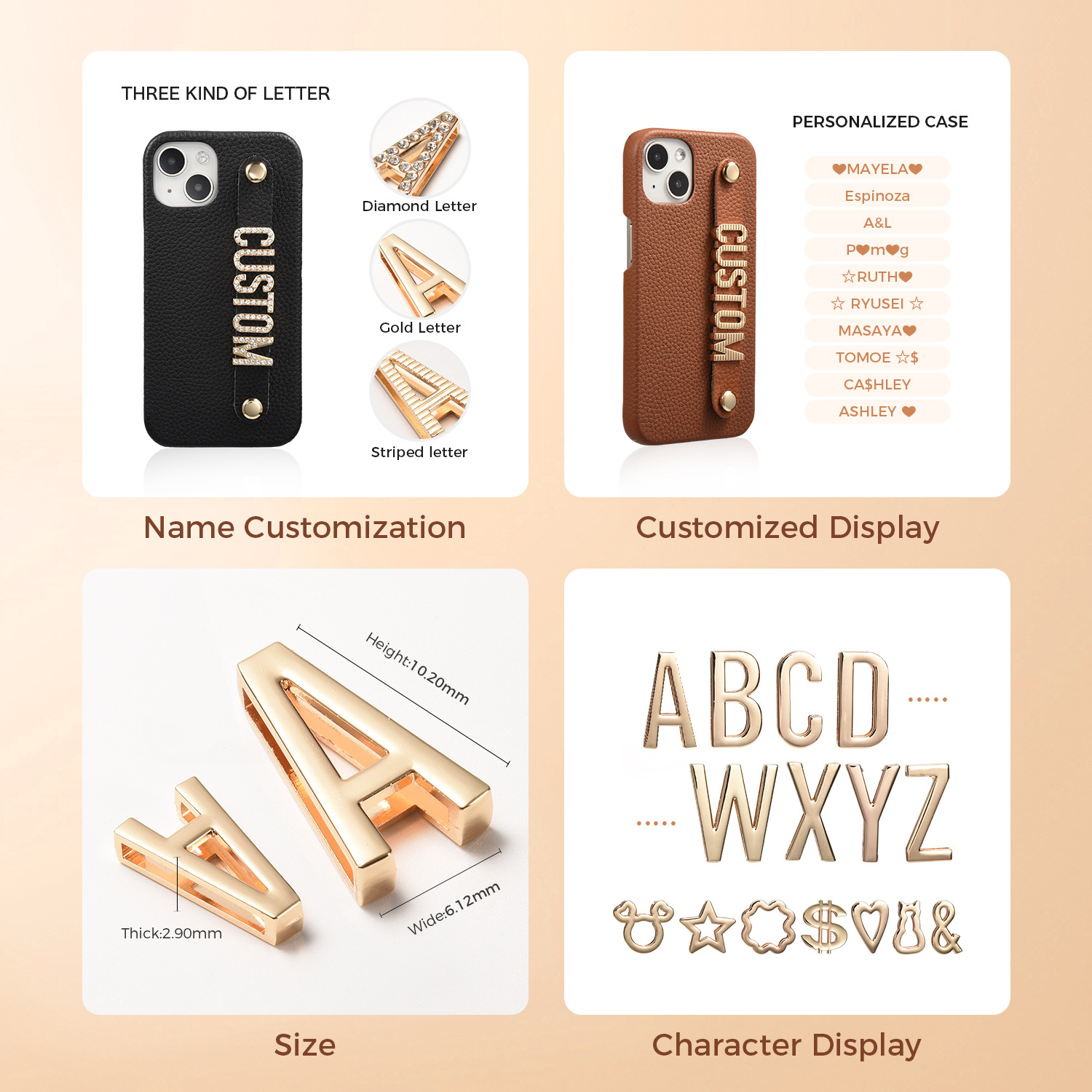Genuine Leather Lychee Pattern Metal Letter Phone Case