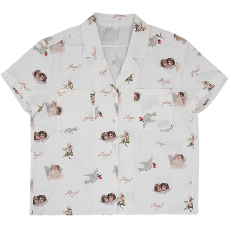 Japanese Girl Short-sleeved Shirt Retro Hong Kong Style Design Niche Cute Angel Print Chiffon Shirt