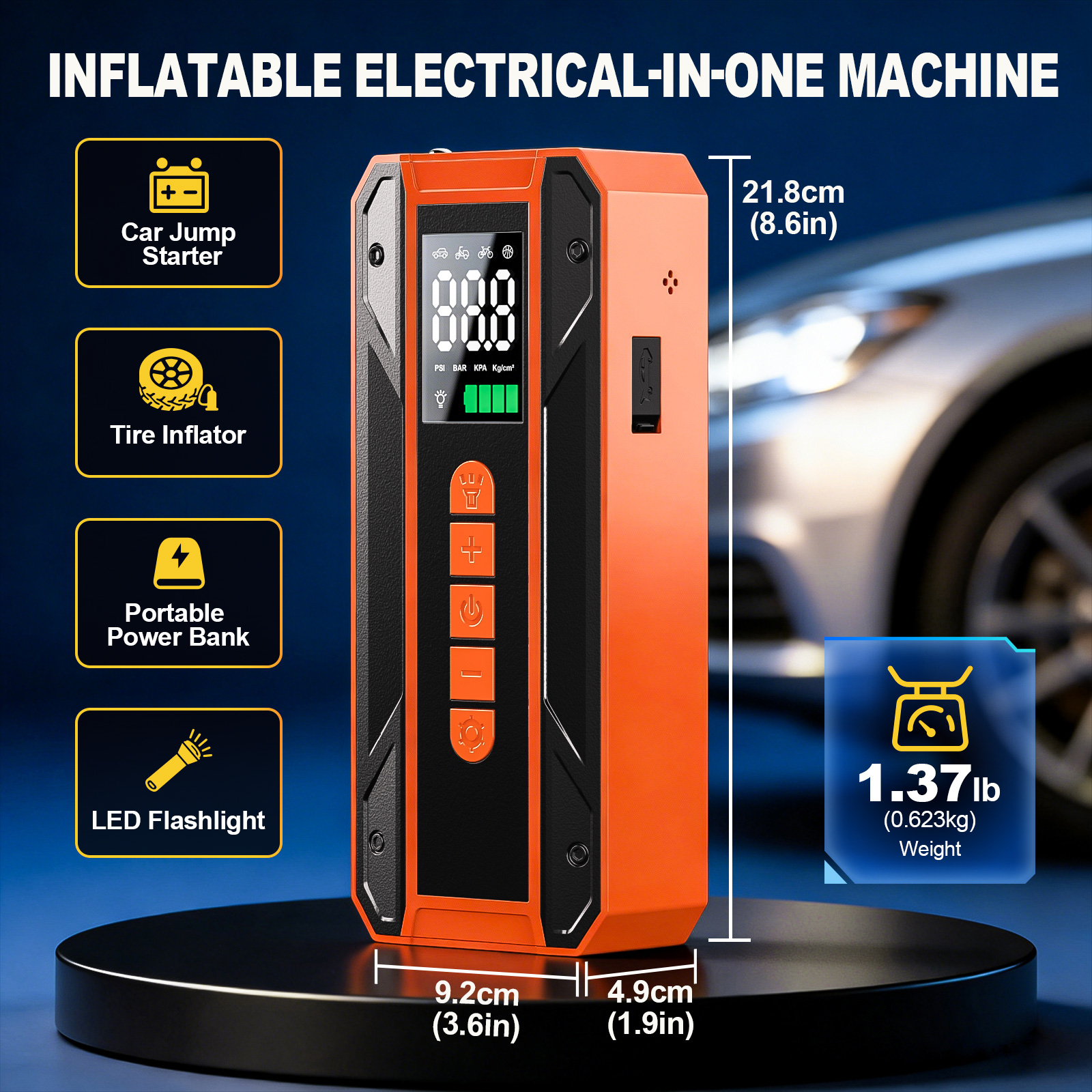 Air Pump Car Jumper Starter Portable Battery Pack With 150PSI Tire Inflator, 12V Jumper Box For Car Charger Battery Booster With LCD Display, 3-Mode Emergency Flashlight thumbnail 4
