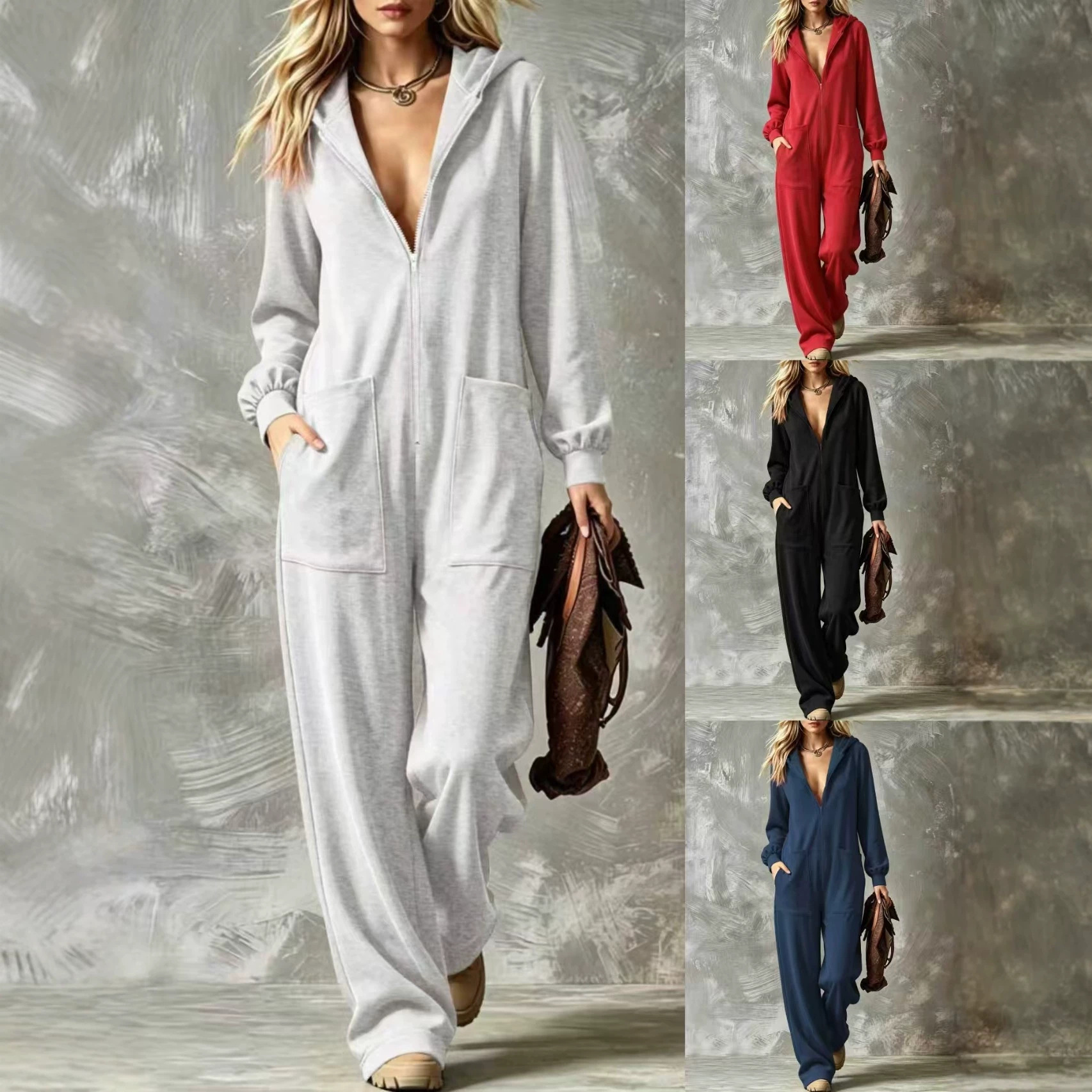 Women Casual Hooded Jumpsuit, Full Zip Front Long Sleeve One Piece Outfit With Pockets, Loose Wide Leg Loungewear Onesie