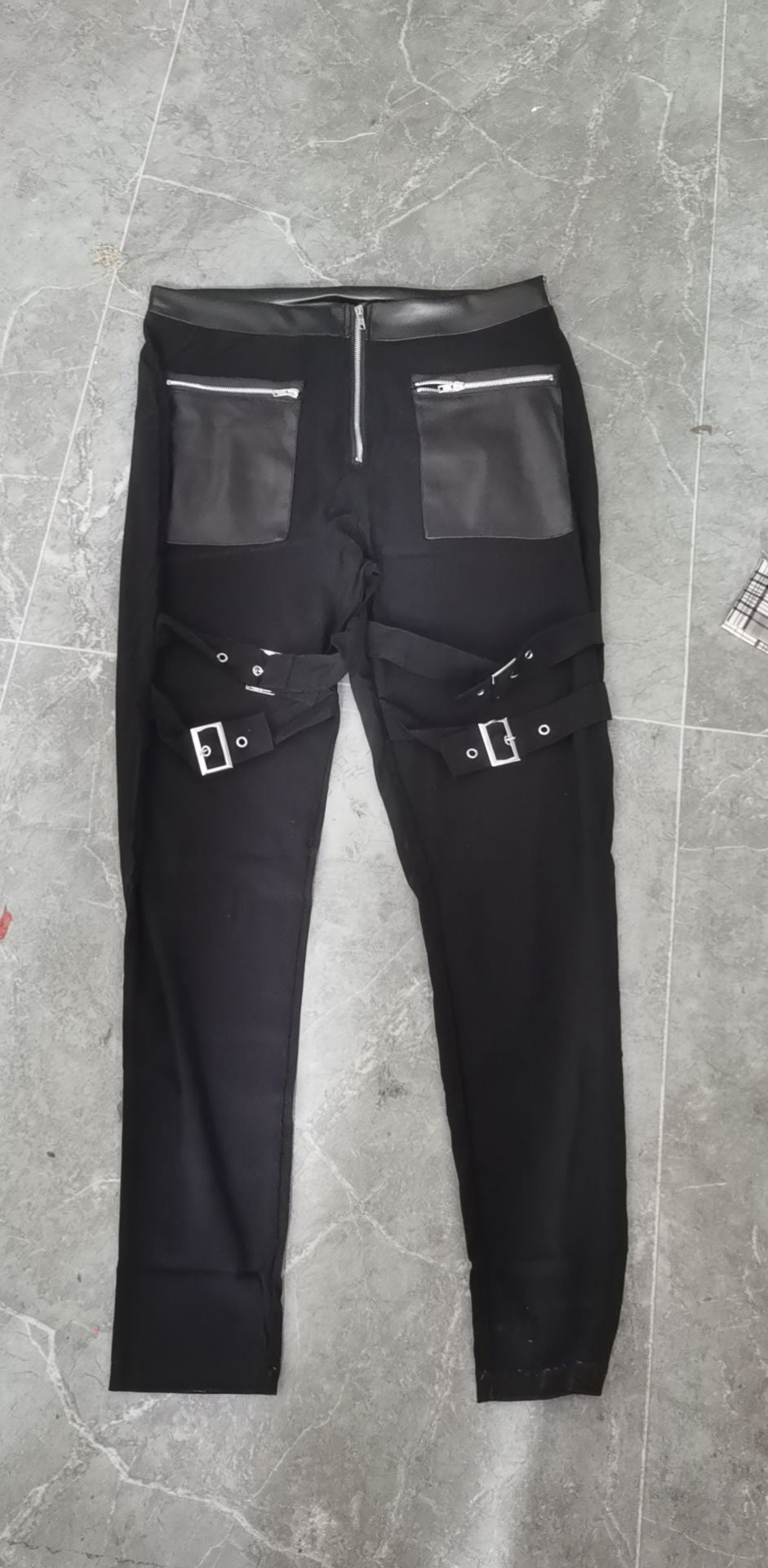 Women's Black Stitching Leather Zipper Trousers