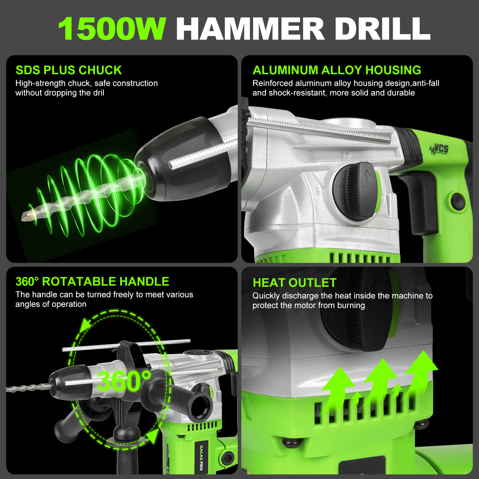 Galax PRO SDS Plus Rotary Hammer Drill 1500W 4000RPM, 4 In 1 Functions, Anti — image 4