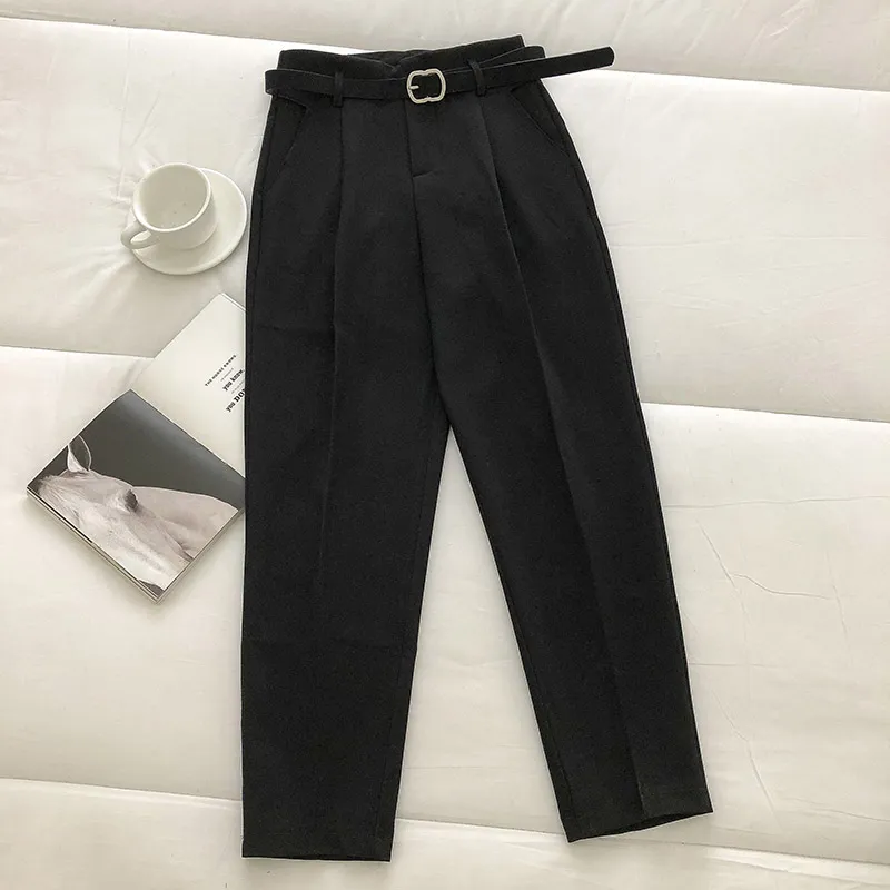 Casual Solid Color Harem Pants Women With Belt - Black