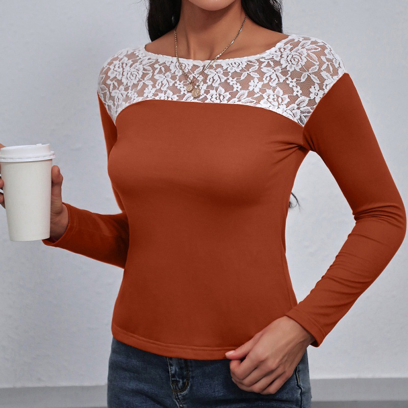 Lace Stitching Round Neck Long-sleeved T-shirt