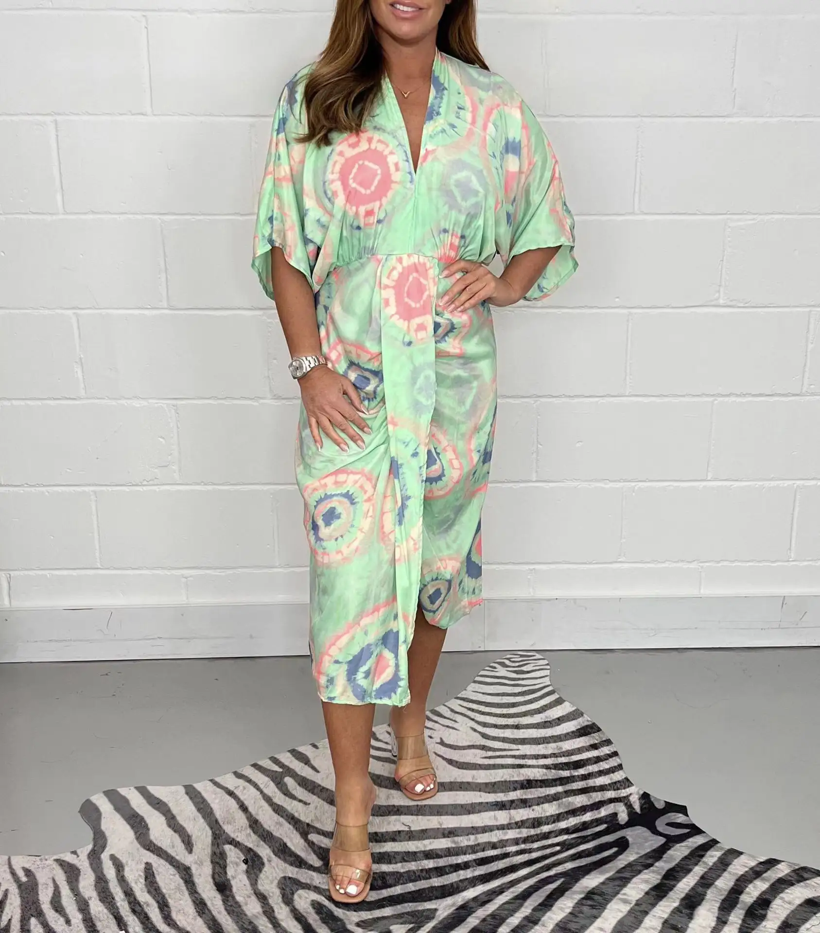 Women's Printed V-neck High-waist Blouse Dress