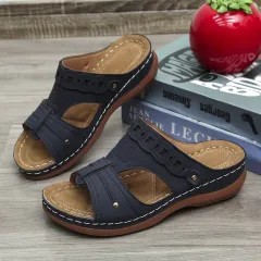 Women's Slippers Wedge Heel Round Toe Roman Shoes - Blue - View 1