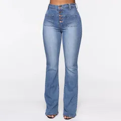 Plus Size Jeans Women Patch Pocket Washed Ladies High Waist Denim Trousers - Light Blue - View 1