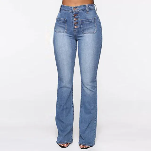 Plus Size Jeans Women Patch Pocket Washed Ladies High Waist Denim Trousers Light Blue - Shop at LoveMi