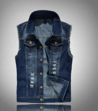 Cool New Korean Slim Fit Men'S Jeans Vest Men'S Light Vest Jacket Shoulder Trend Hole Large Vest - Navy Blue