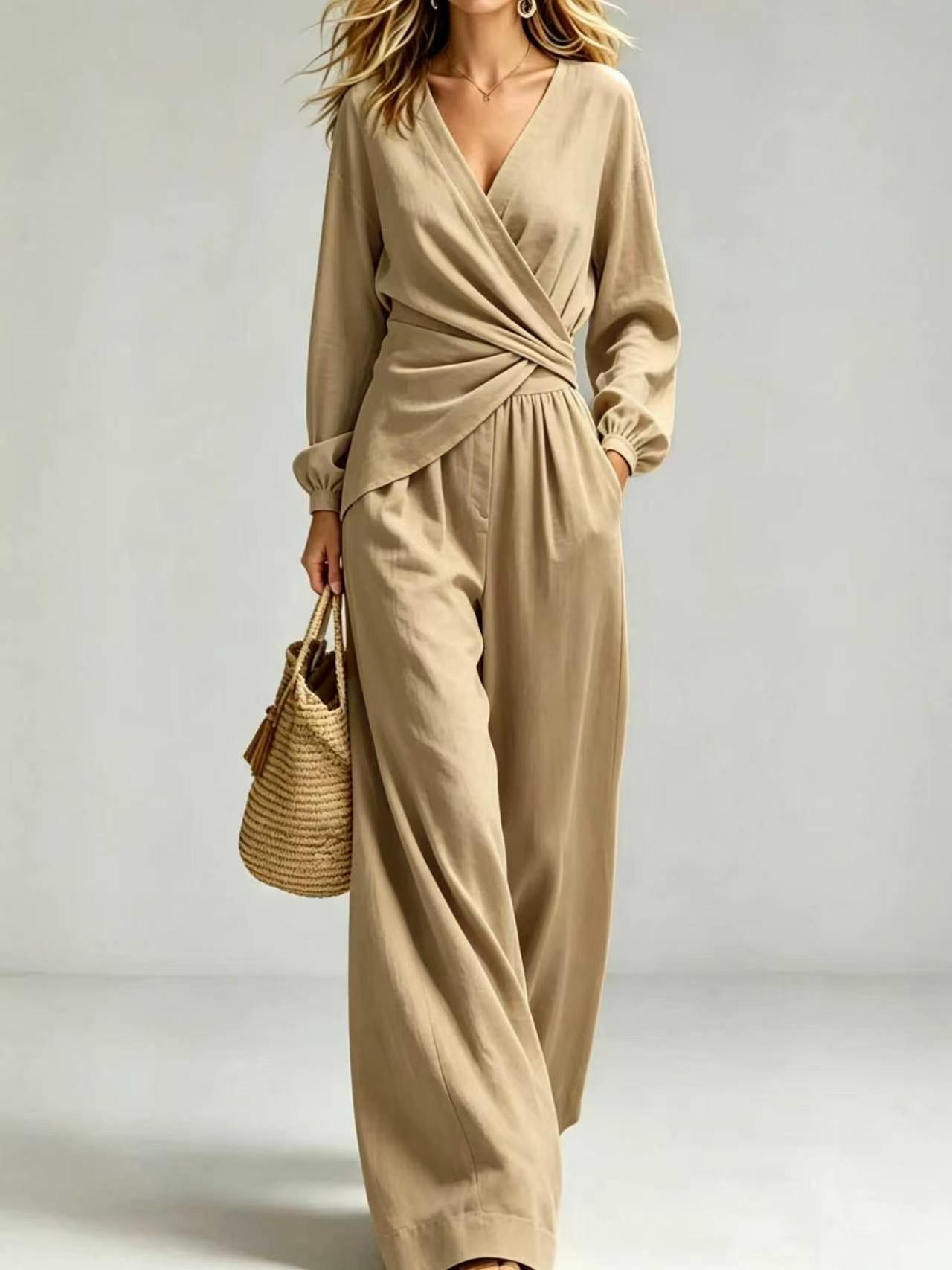 Women's 2-Piece Outfit - V-Neck Long Sleeve Wrap Blouse & Wide Leg Pants Set, Elegant Casual Pocketed Matching Set