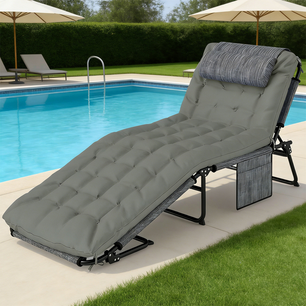 Folding Sun Lounger With Reclining Back Cushion And Side Pocket_voghion.com