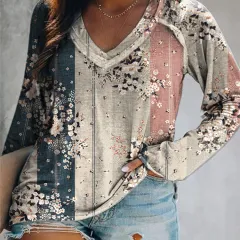 Women's V Neck Printed Fashion T Shirt - Color1 - View 1