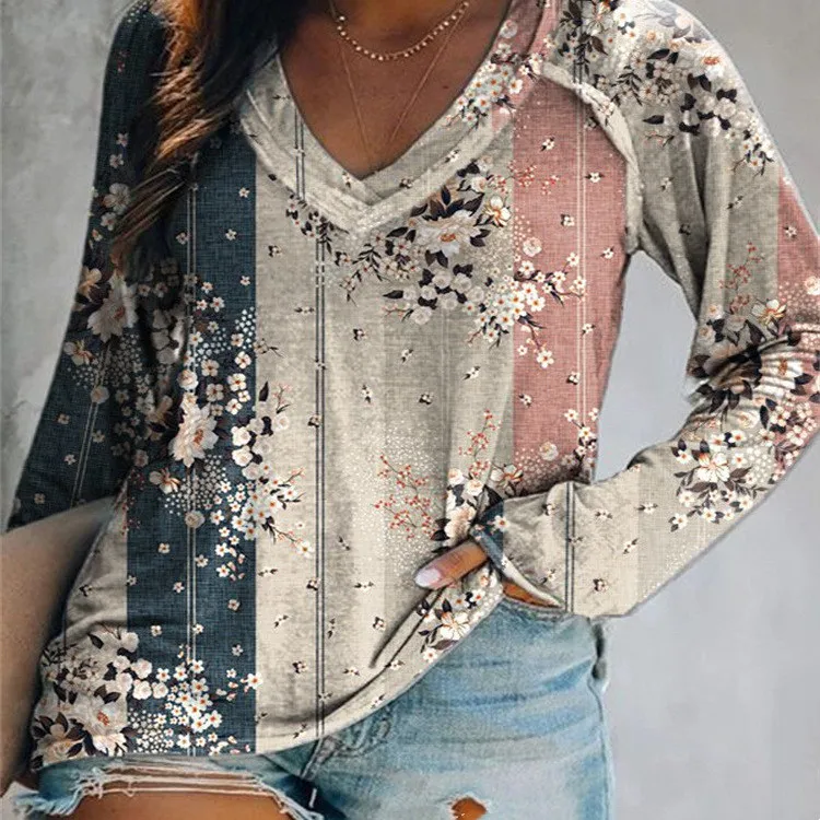 Women's V Neck Printed Fashion T Shirt - Color1-3Xl