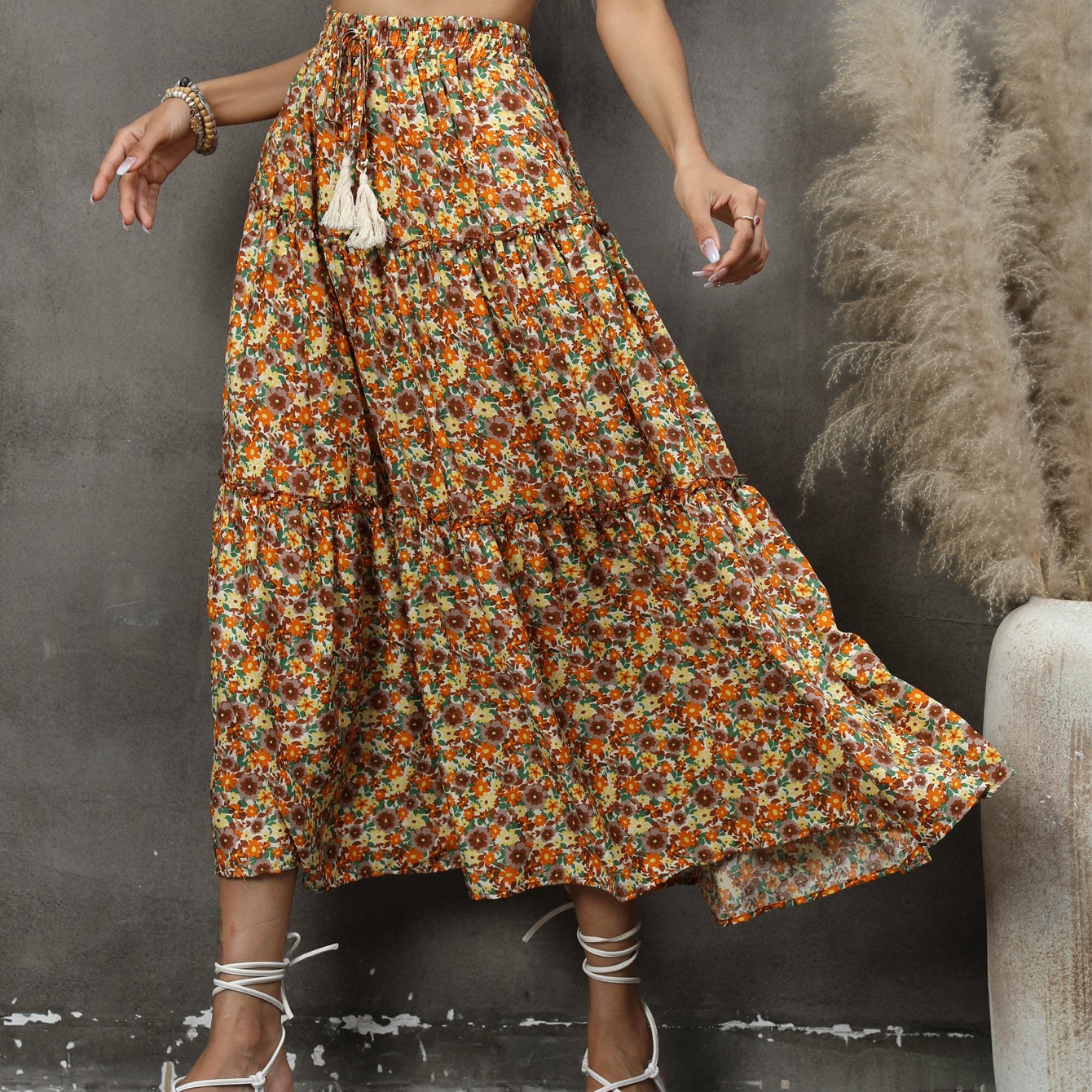 Spring And Summer New Cotton Floral Wood Ear Edge Bohemian Beach Resort Style Half body Skirt Yellow - Shop at LoveMi