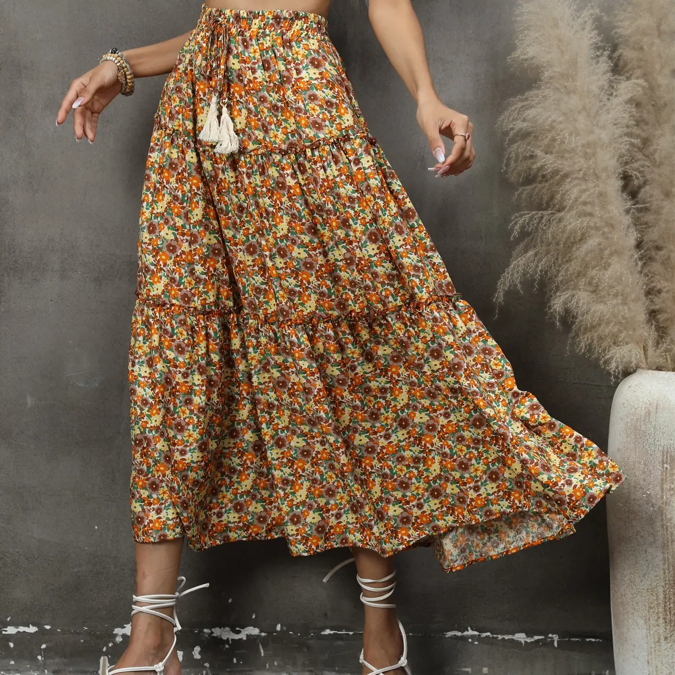 Spring And Summer New Cotton Floral Wood Ear Edge Bohemian Beach Resort Style Half-body Skirt