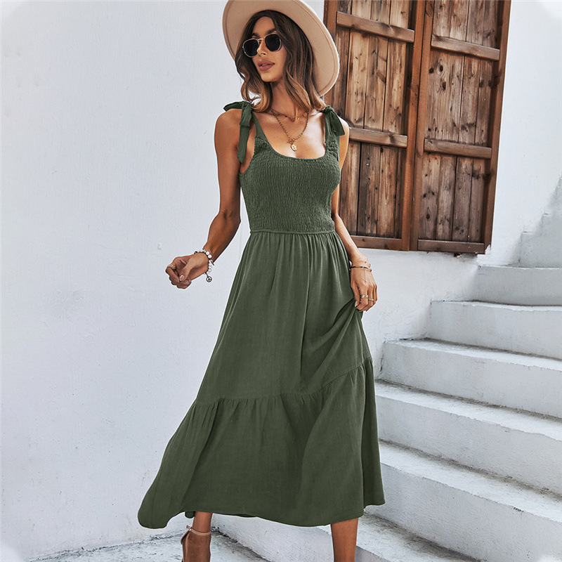 Women Summer Splicing Strap Solid Black Dress Army Green - Shop at LoveMi