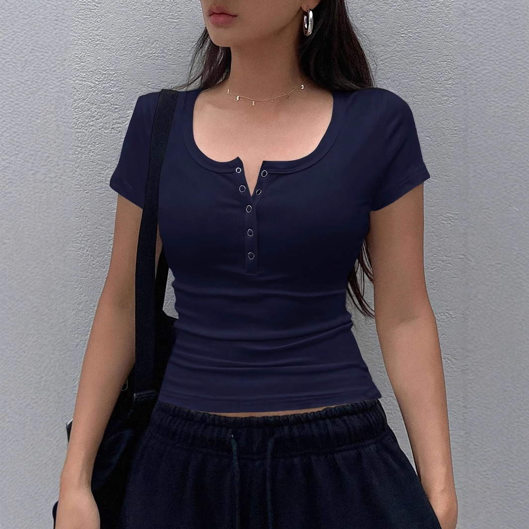 Women’s Solid Color Short-sleeved Top Rib Knit Half-cardigan Button T-shirt