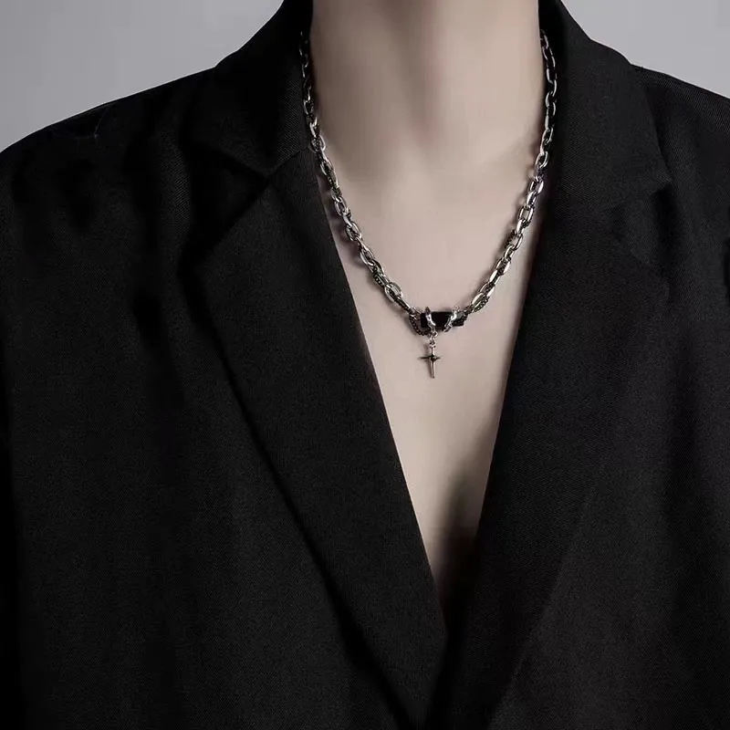 1pcs Mixed Link Chain Black Rectangle Stone Star Cross Pendant Necklace, Dark Cool Aesthetic Style, For Men Women Daily Party Wear & Couple Valentine Gifts