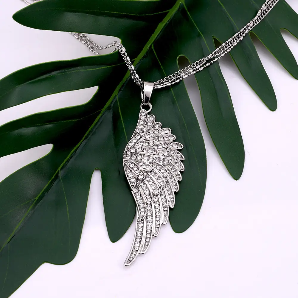 Silver Feather Pendant Sweater Chain Personality Diamond Angel Wings Lock