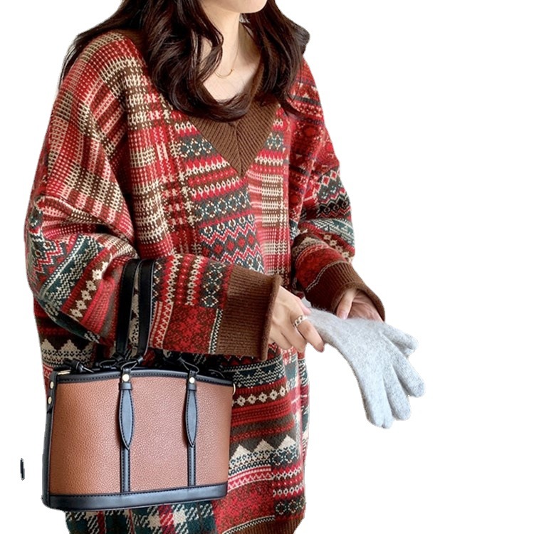All-match Western-style Knitting Contrast Color Retro Ethnic Style Sweater Women