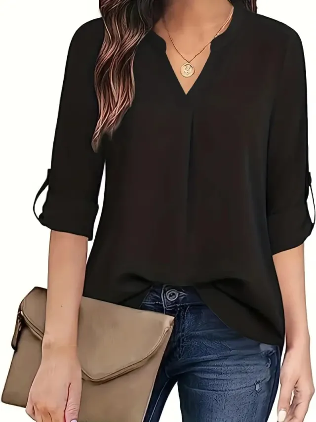 Solid Color Simple Blouse, Casual V neck Long Sleeves Black - Shop at LoveMi